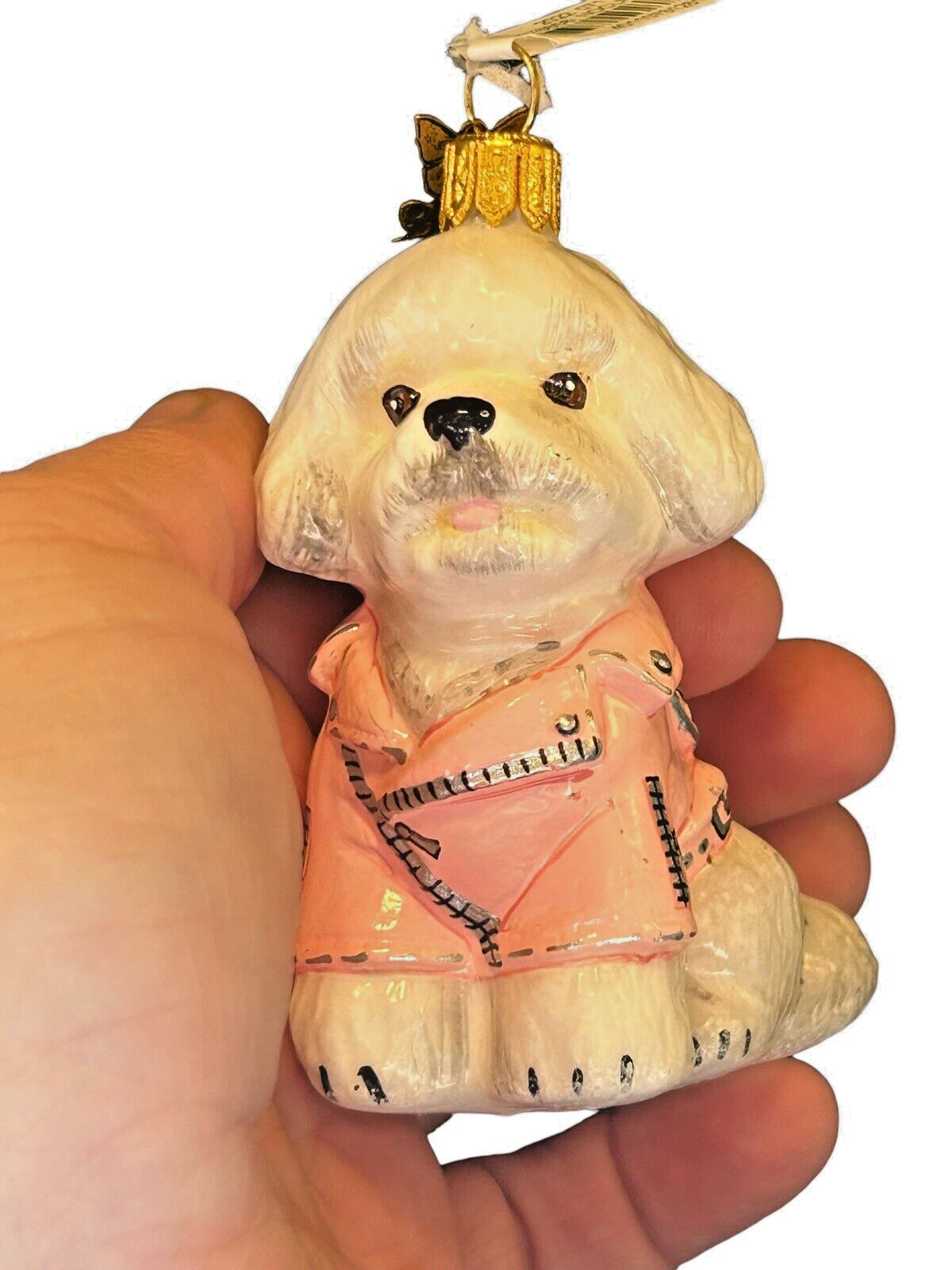 Joy To The World Neiman Marcus Bichon Frise Pink Leather Jacket Ornament w Tag