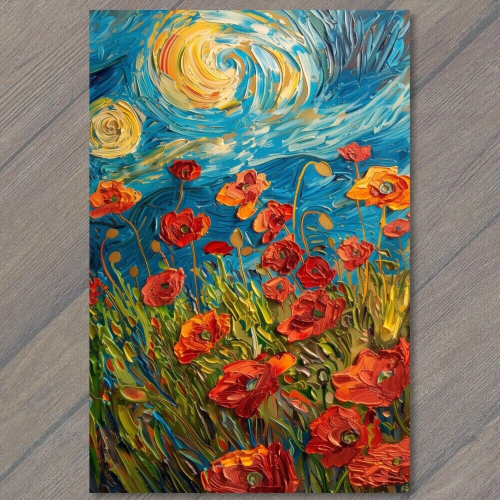 POSTCARD Whimsical Flowers Sun Starry Day Red Paint Colorful Unreal Strange Cute
