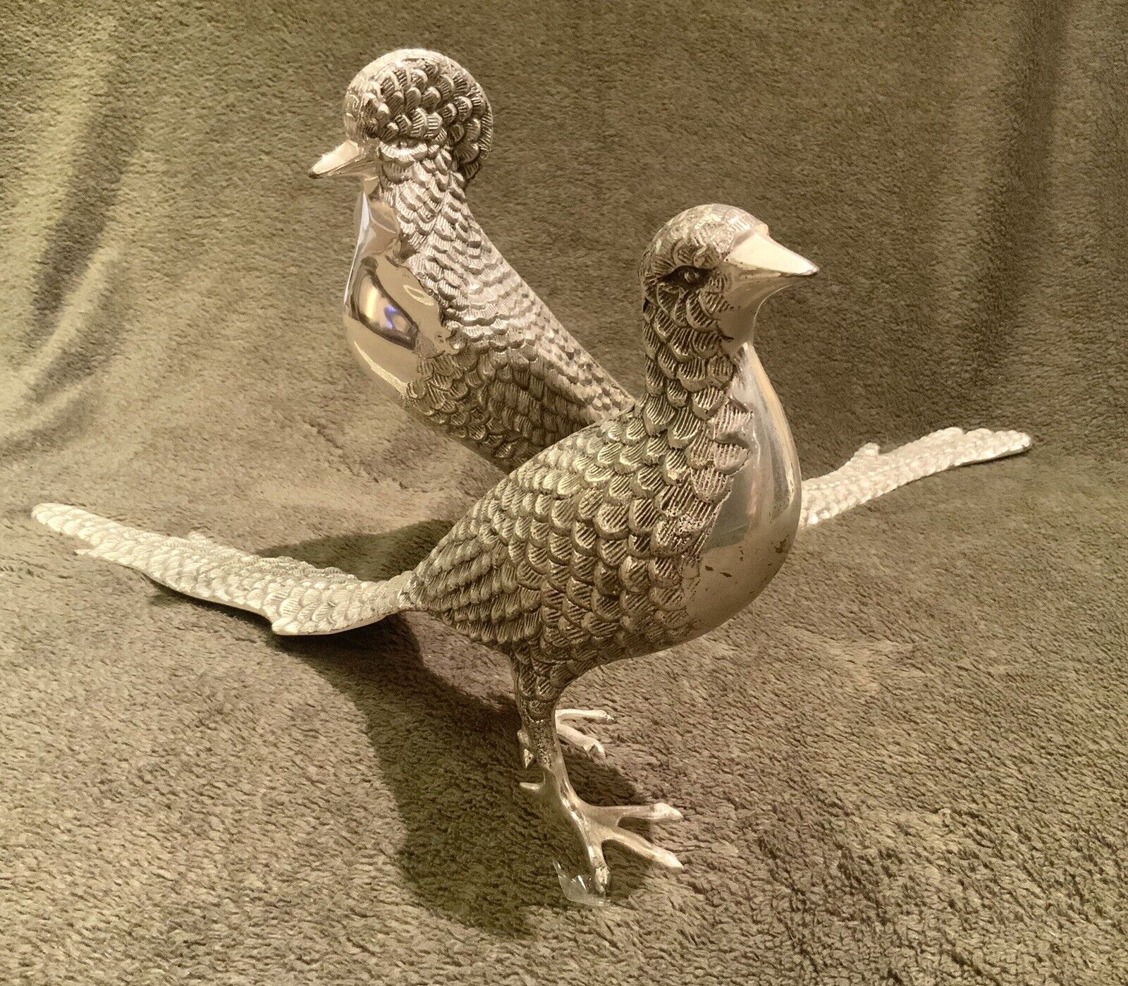 Stunning Pair Of Ralph Lauren Large (18” X 8”) Silver Plated Pheasant Statues