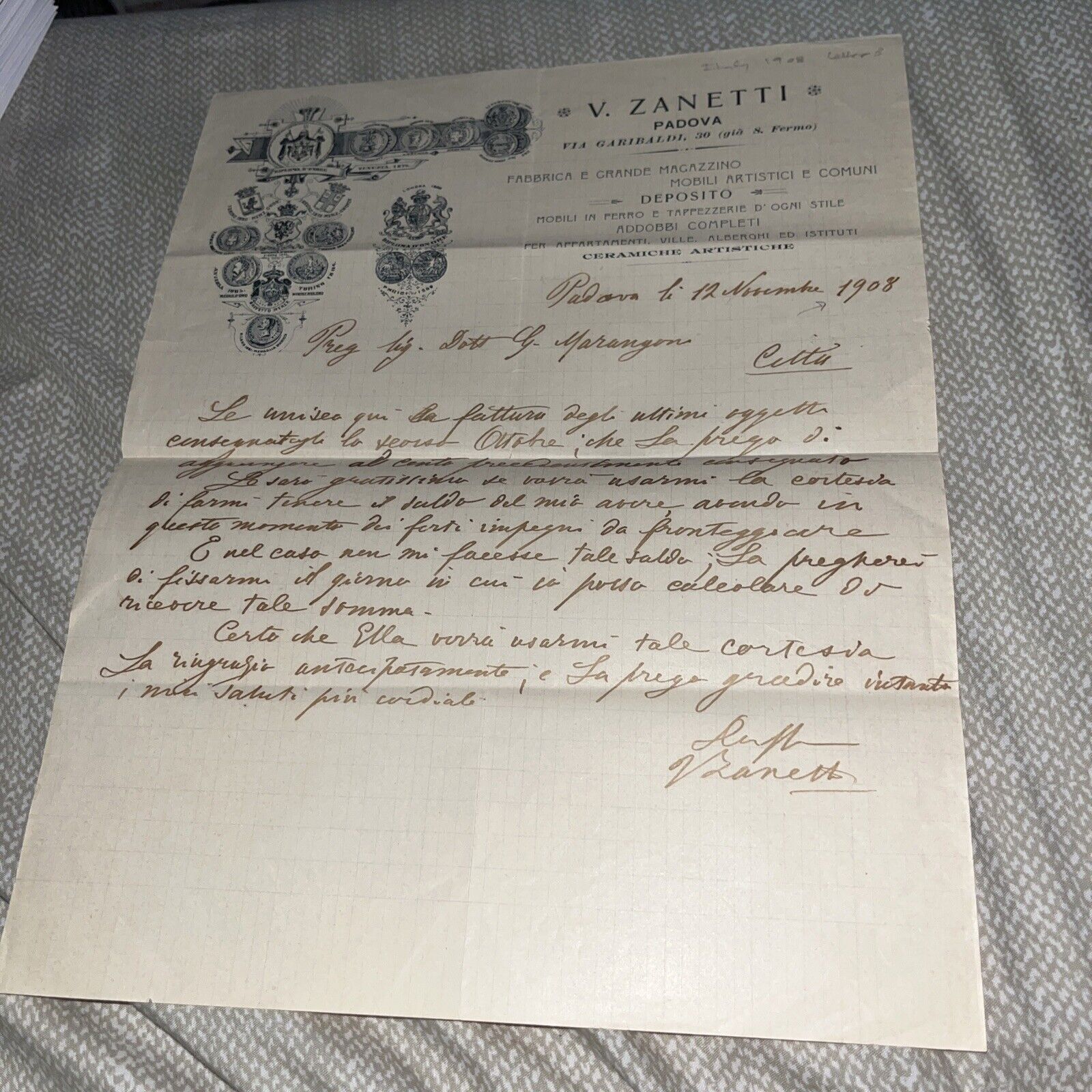 Antique 1908 Letter: V Zanetti Padova Factory Letterhead Italy Italia Garibaldi