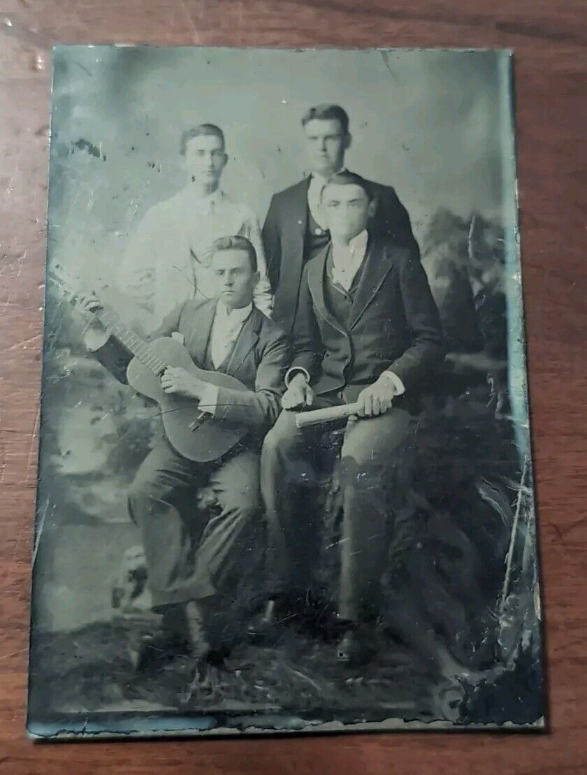 Guitar Player Tintype Group Photograph Antique American 19th Century