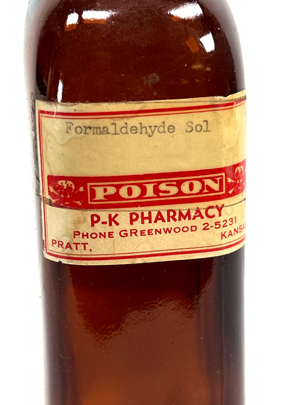 Antique Formaldehyde Poison Brown Glass EMPTY Bottle anchorglass pratt kansas ks