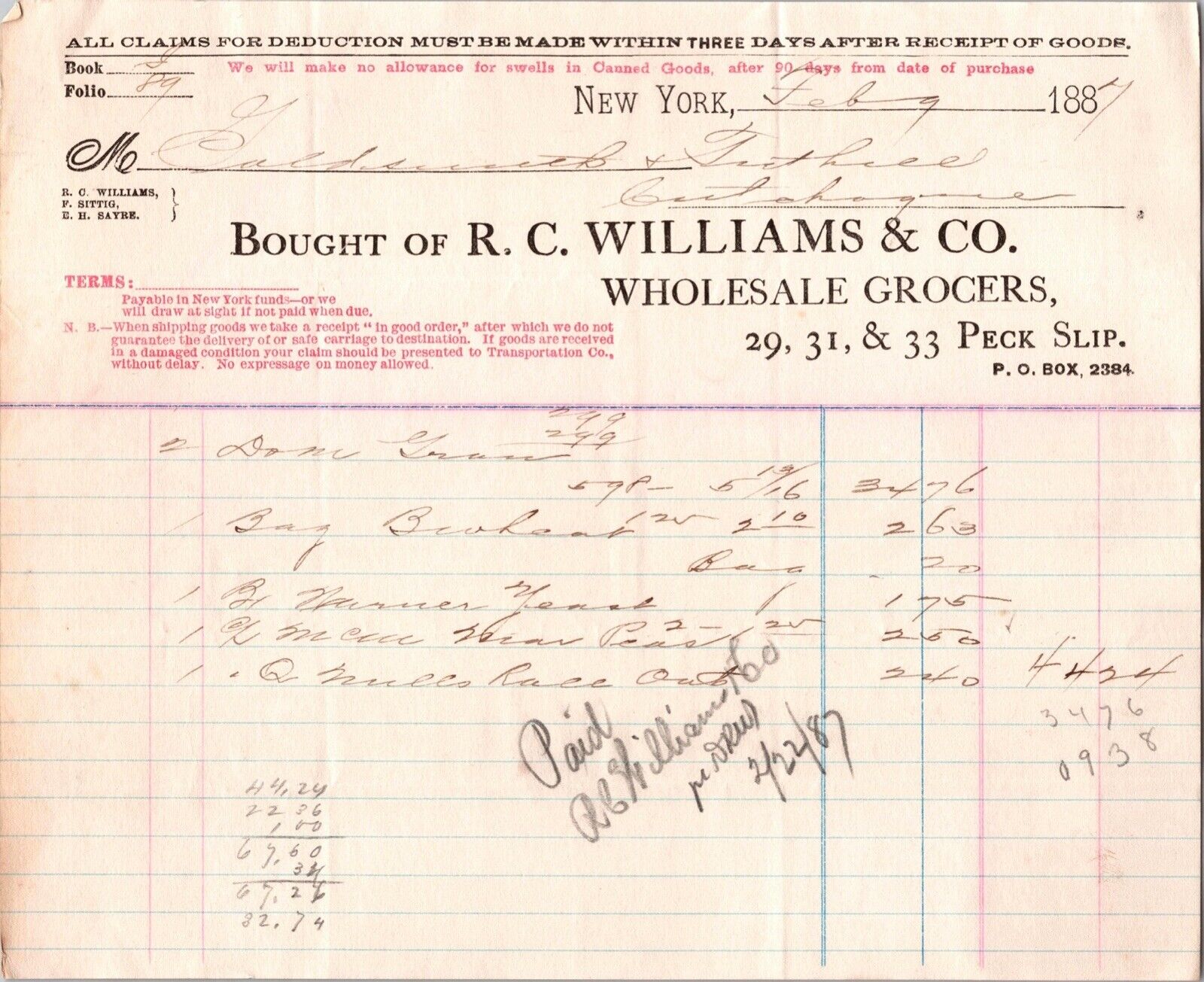 c1887 RC Williams & Co Wholesale Grocers 29 31 33 Peck Slip New York NY Billhead