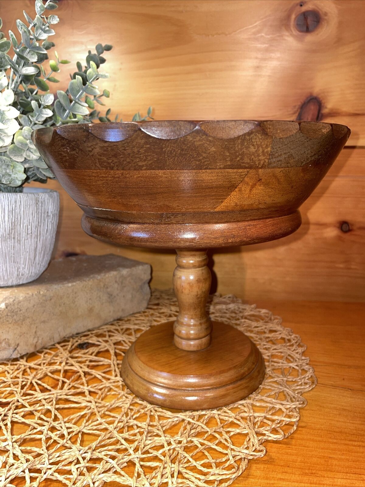 Vintage Scalloped Edge Wood Compote Footed Pedestal Fruit Decorative 9