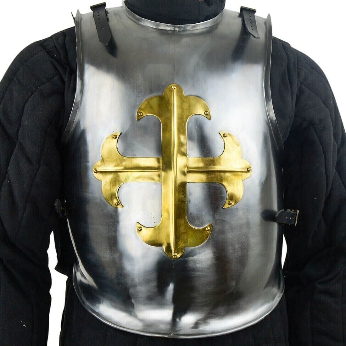 18 ga Medieval Antique Steel Templar Brass Cross Cuirass Body Armor Breastplate