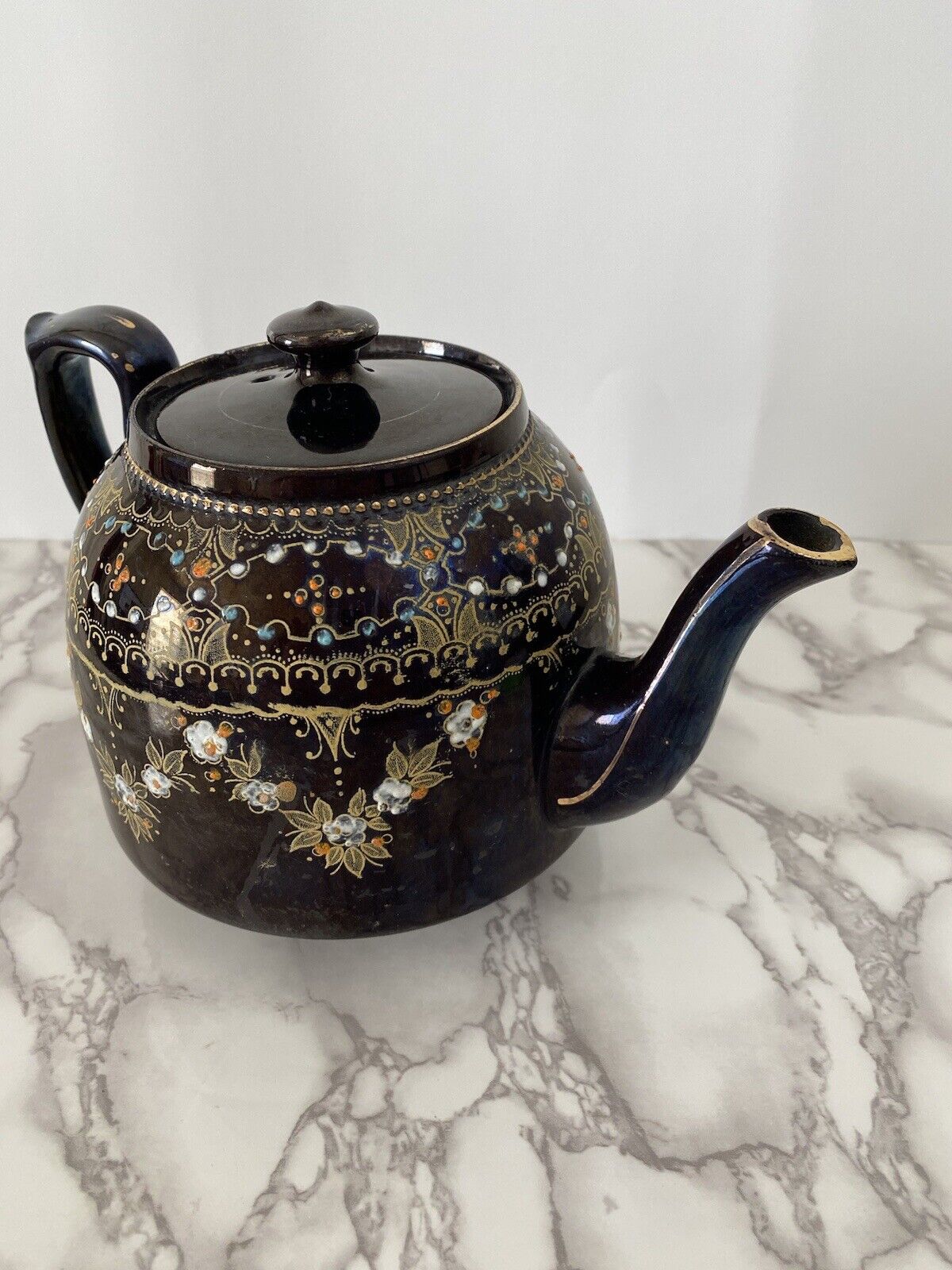 Price Bros M&M 1588 Black Tea Pot  w/Gold Tone Blue Orange Moroccan Henna Design