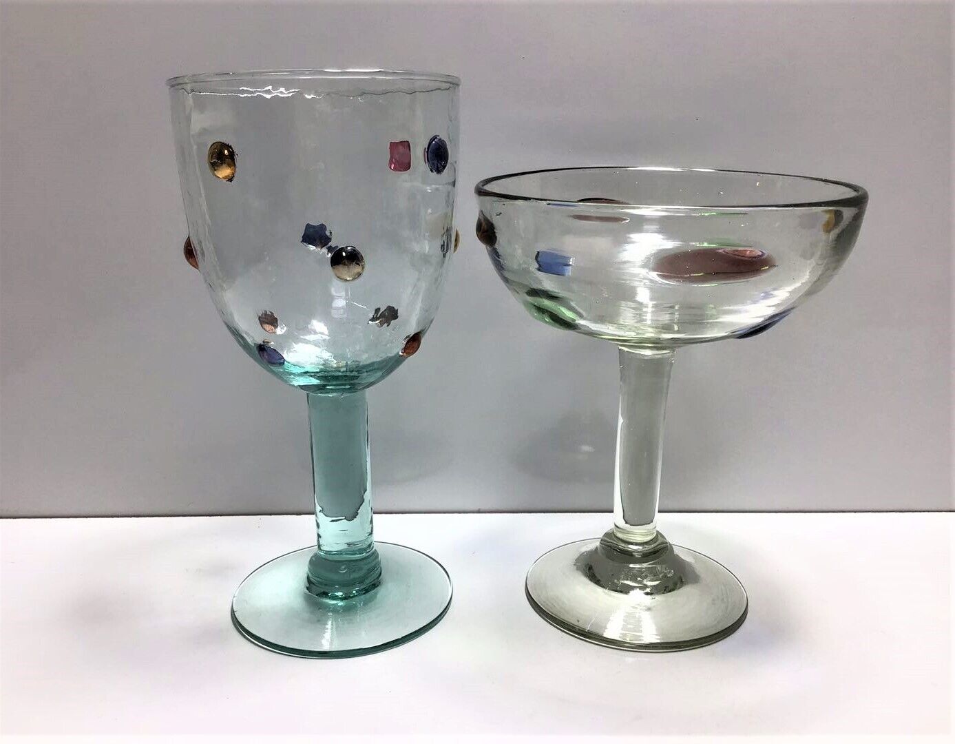 2pcs Vintage Antique Unique Crackle Glass Goblets with Colorful Pop Up Dots 