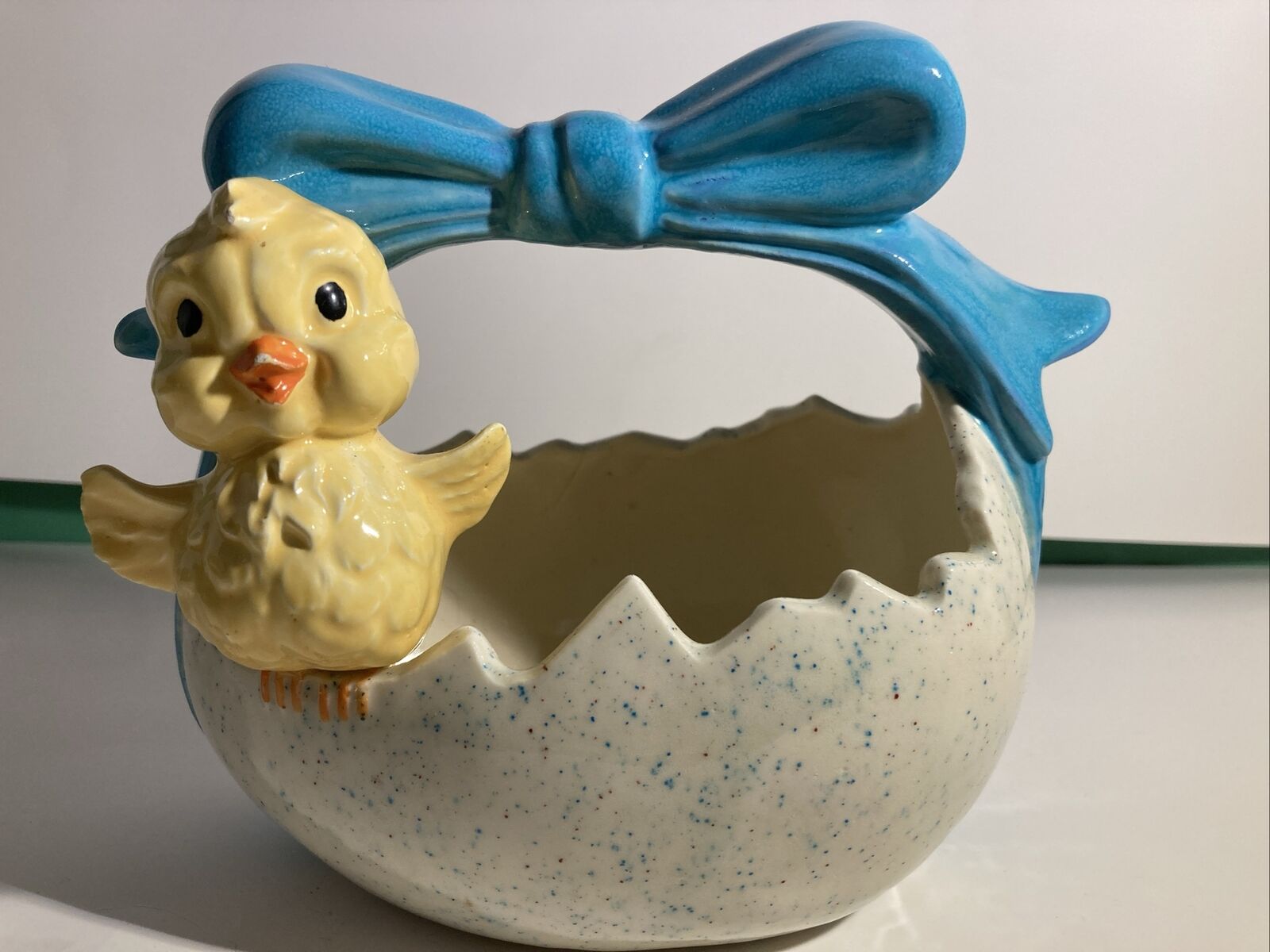 Vintage Ceramic Easter Basket Egg Shaped Speckled Color With Yellow Bird
