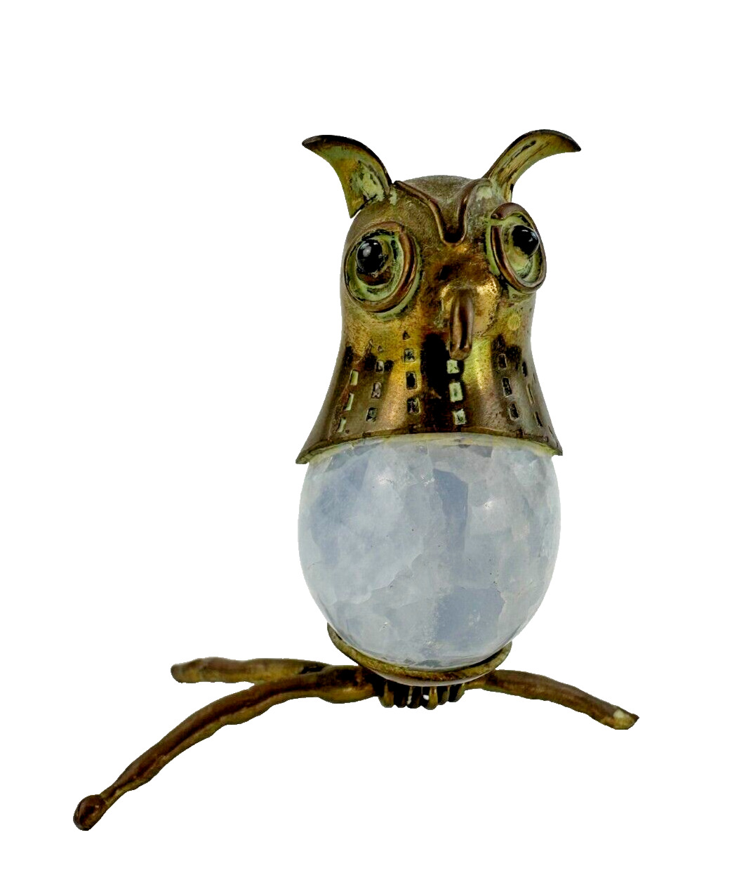 Vintage Brass & Controlled Art Crystal Egg on Owl Bird Small Sculpture