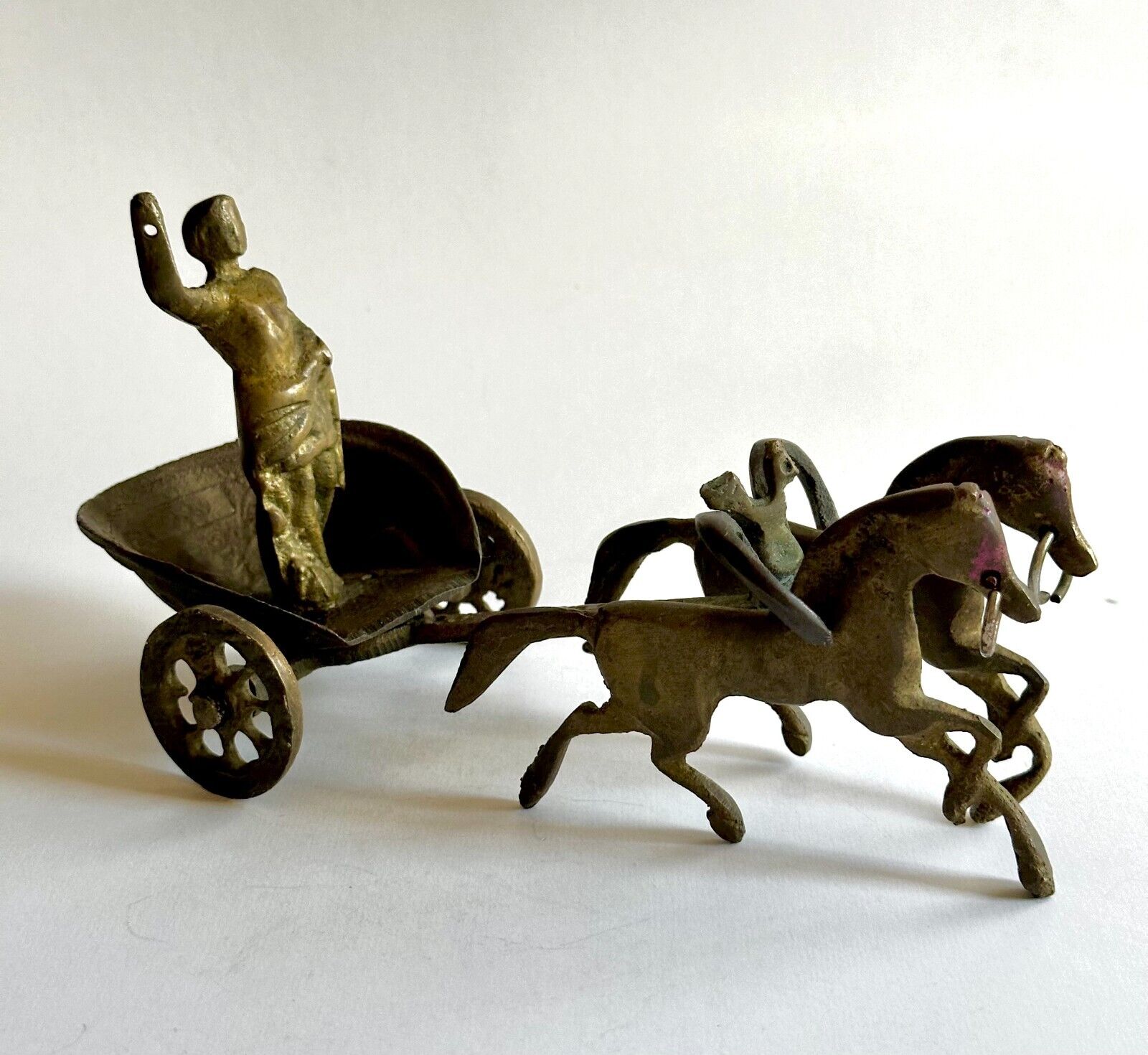 Vintage Heavy Rare Brass Roman Gladiator Cart & 2 Horses Handmade Figurine