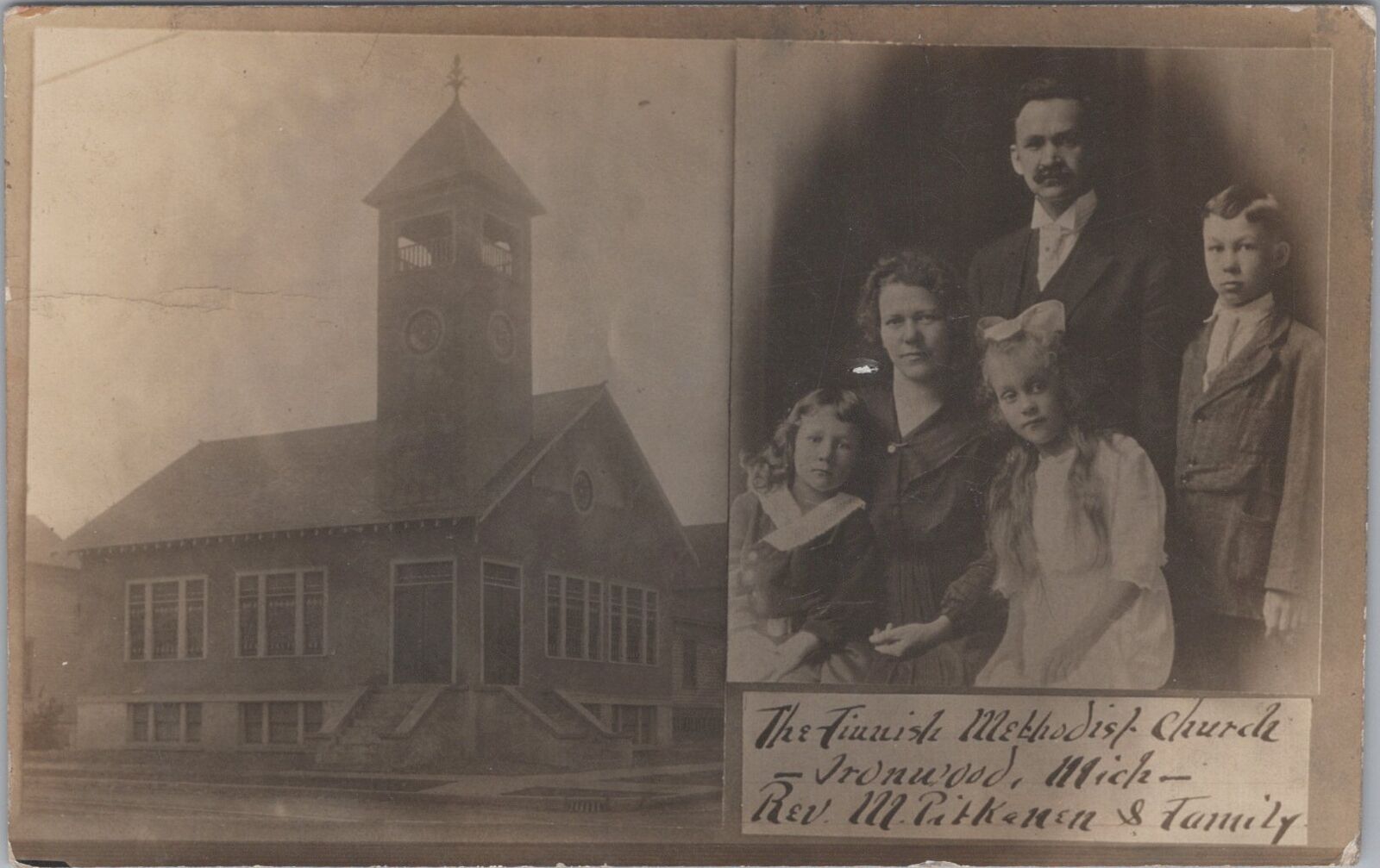 Finnish Methodist Church Ironwood Michigan Rev. Family c1910s RPPC Postcard