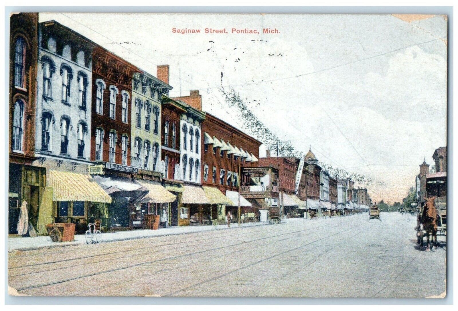 Pontiac Michigan MI Postcard Saginaw Street Bicycle Hub Clothing Hotel 1910