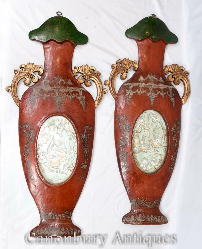 Chinese Red Lacquer Plaques - Pair Hand Carved Urns China Interiors