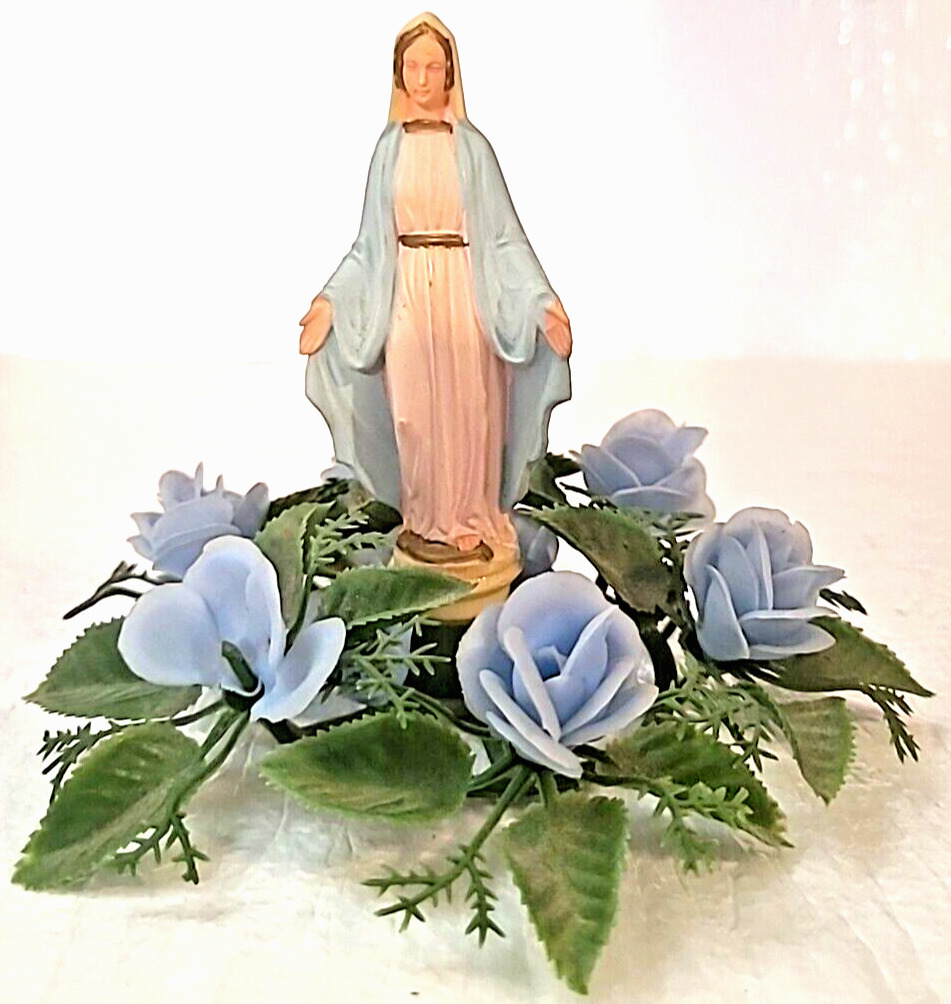 Vtg Virgin Mary Madonna Lady of Grace Fig Display Green Faux Blue Rose Flower 6\