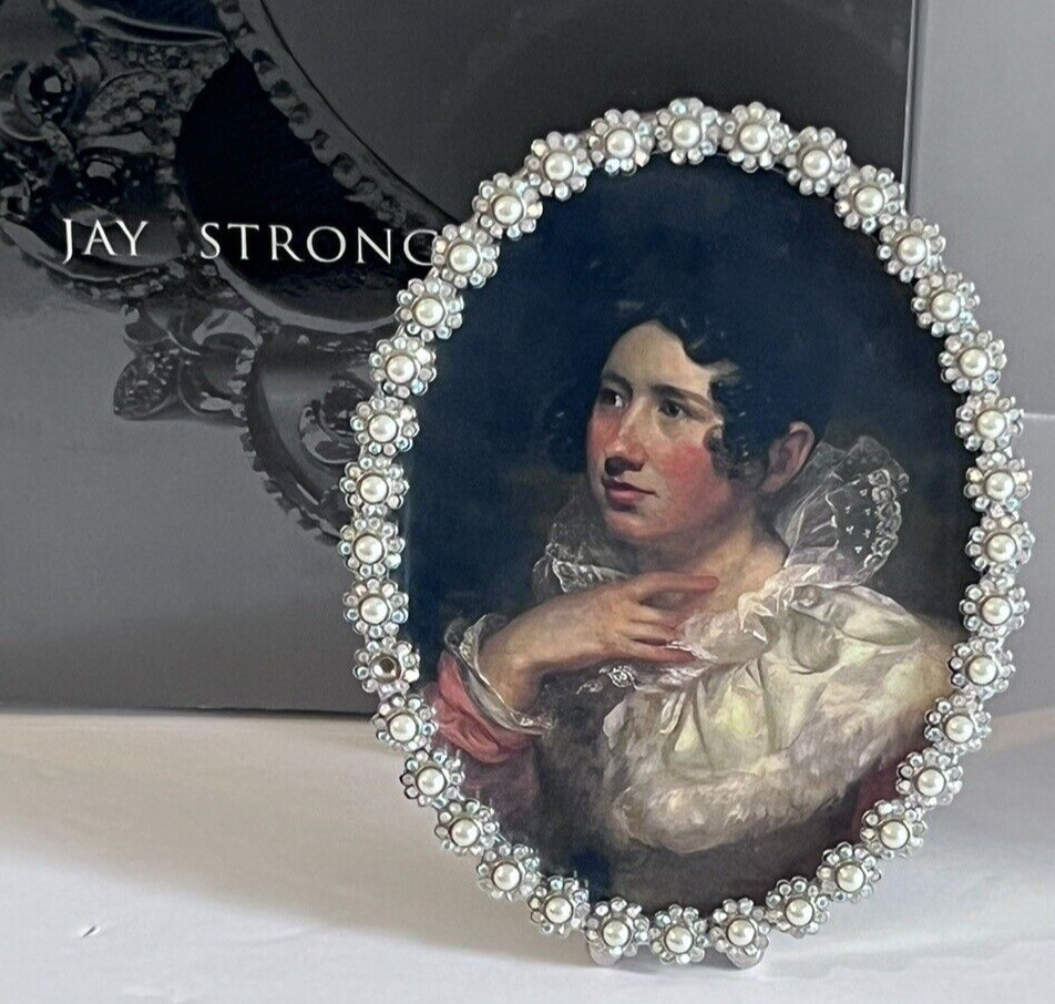 Jay Strongwater Picture Frame Oval Enamel Swarovski Crystal Pearls 4.5x6 AS IS