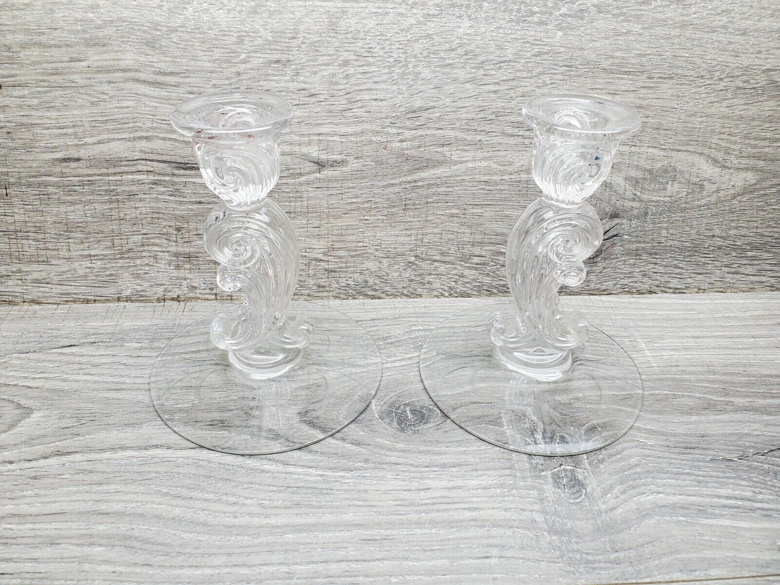 Pair of Vintage Etched  Glass Candle Holders