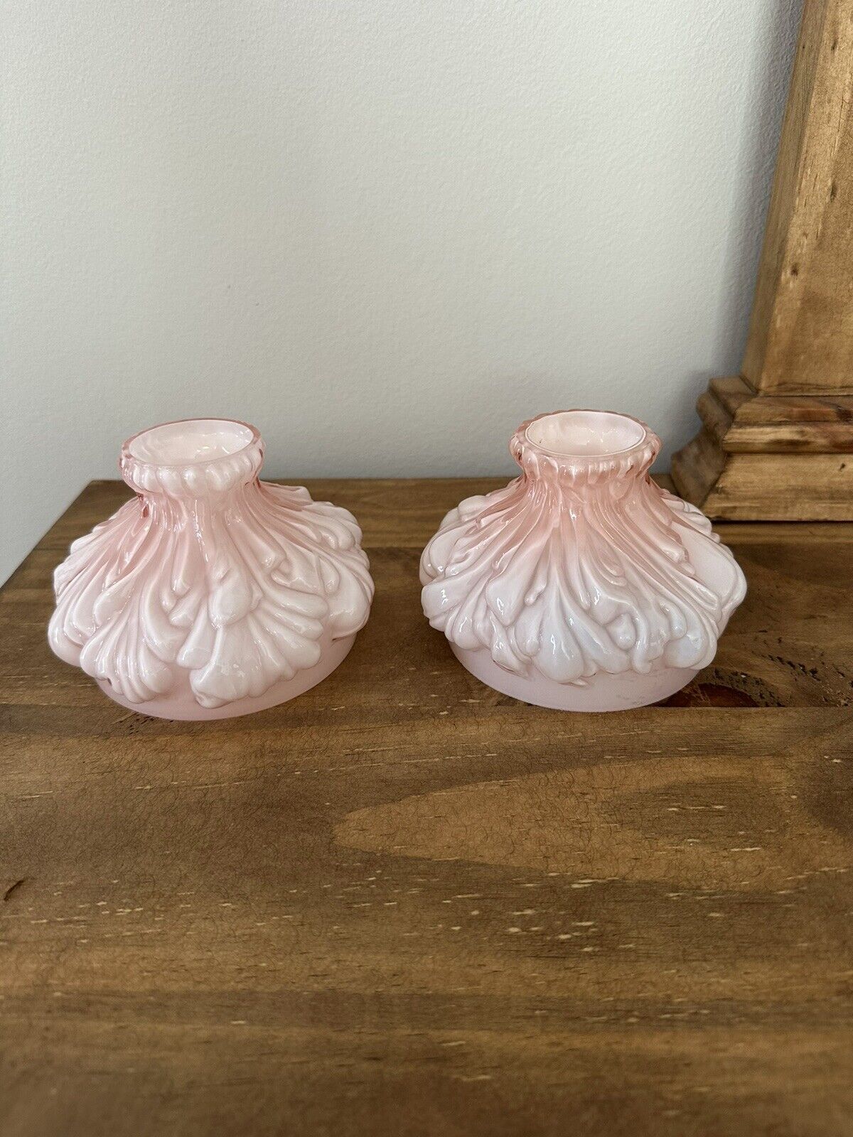 Pair Of Vintage Petite Fenton Wright Plume Pink Cased Glass Oil Lamp Shade 4”D