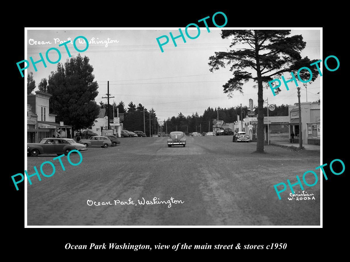 OLD LARGE HISTORIC PHOTO OF OCEAN PARK WASHINGTON THE MAIN ST & STORES c1950