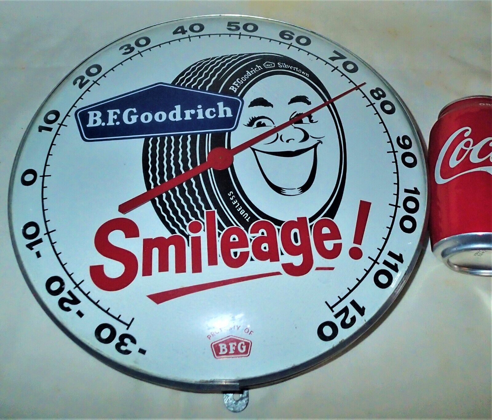 VINTAGE B.F. GOODRICH SMILEAGE TIRE THERMOMETER GAS OIL SIGN METAL GLASS PAM ERA