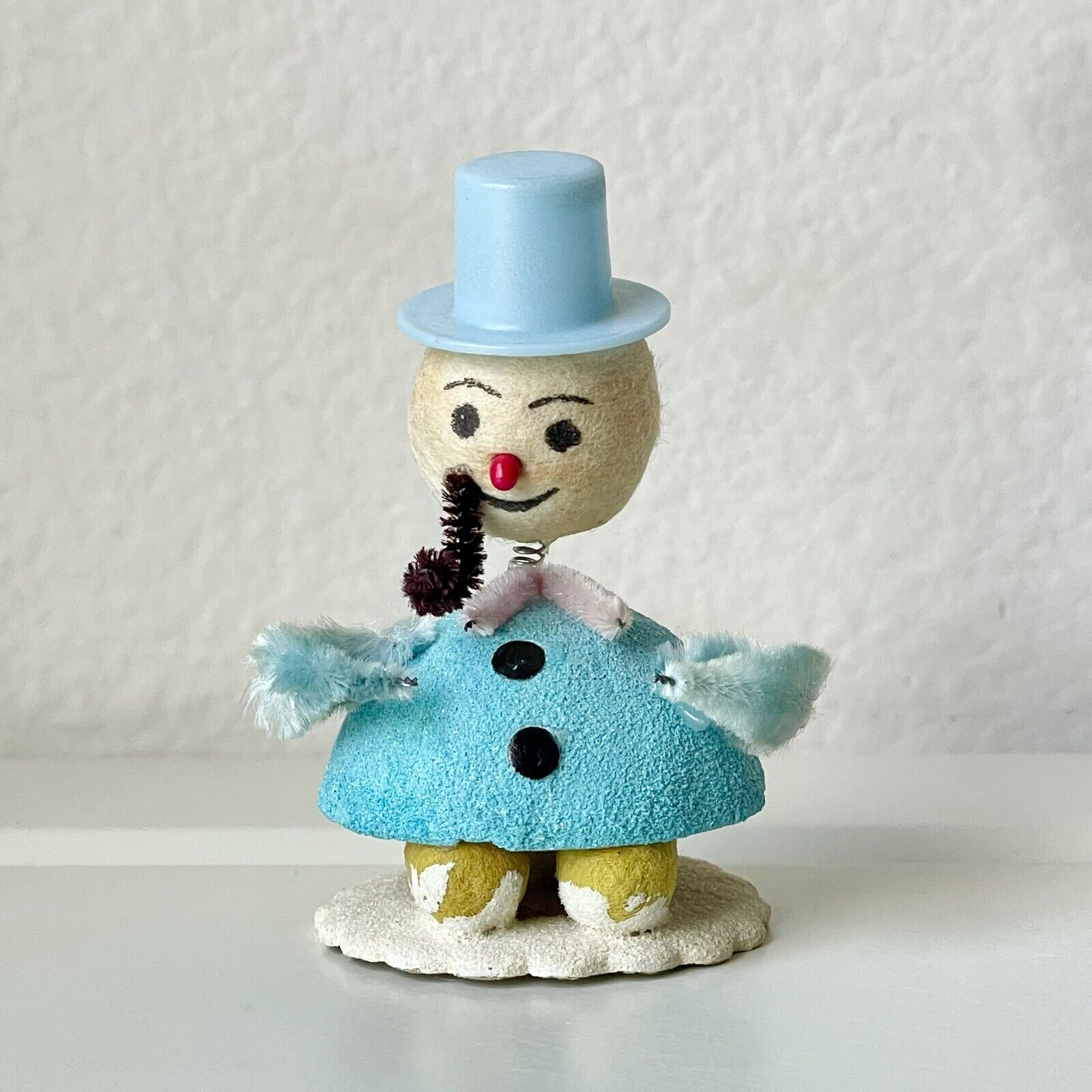 Vtg Japan Holiday Figurine Blue Putz Mica Bobblehead/Nodder Snowman Spun Cotton
