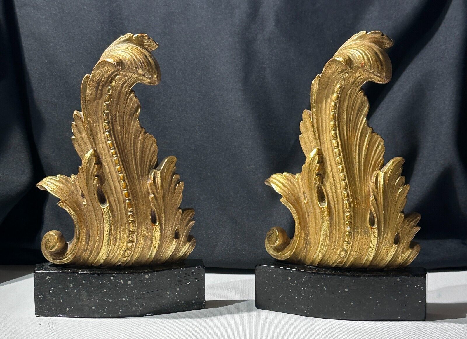 1930s-1940s Gold Gilt Wood Carved Rococo Scroll Bookends