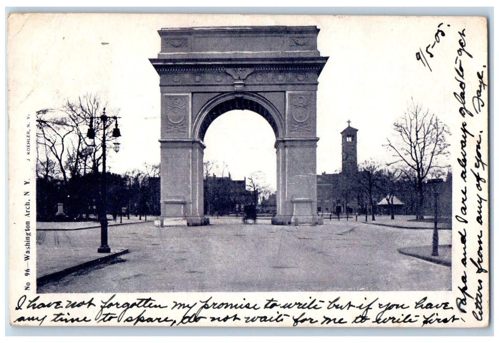 1905 View of Washington Arch New York City NY J Koehler Posted Postcard