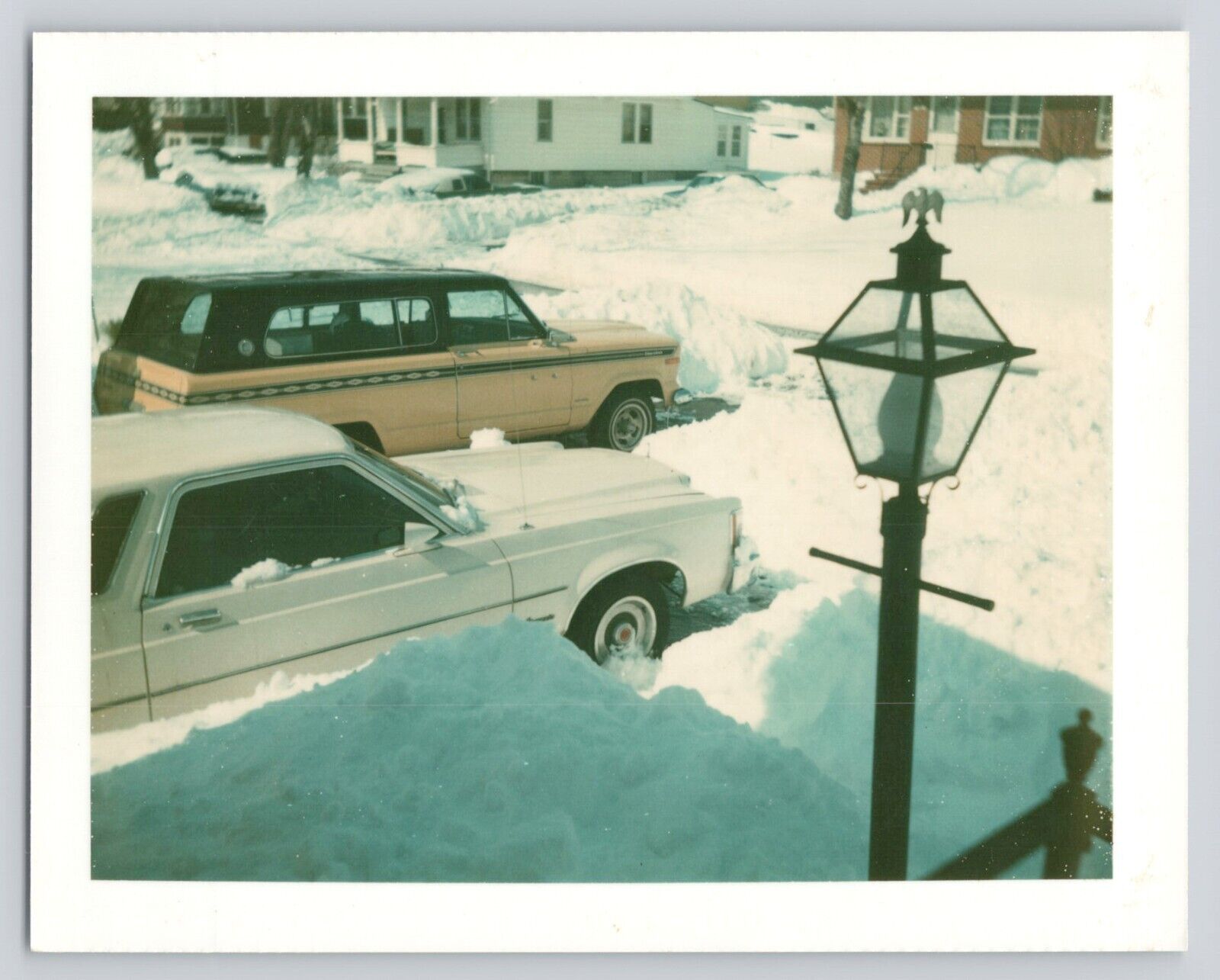 Vintage Photo Car 1979 Buick & Jeep Wagoneer Parked In Snow Polaroid Land Photo