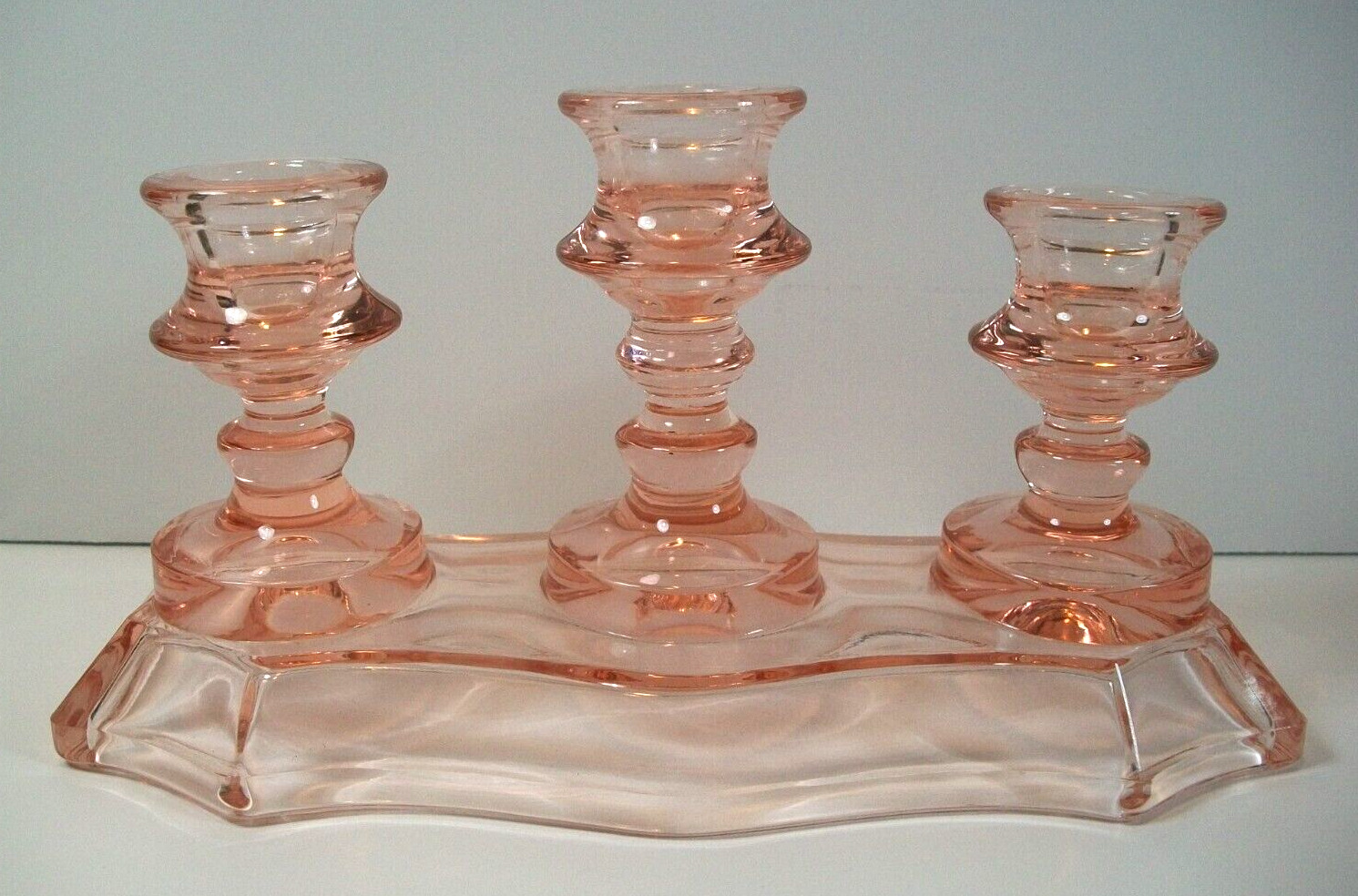 Vintage ~ Pink Depression Glass ~ Triple Candlestick Holder ~ Candelabra