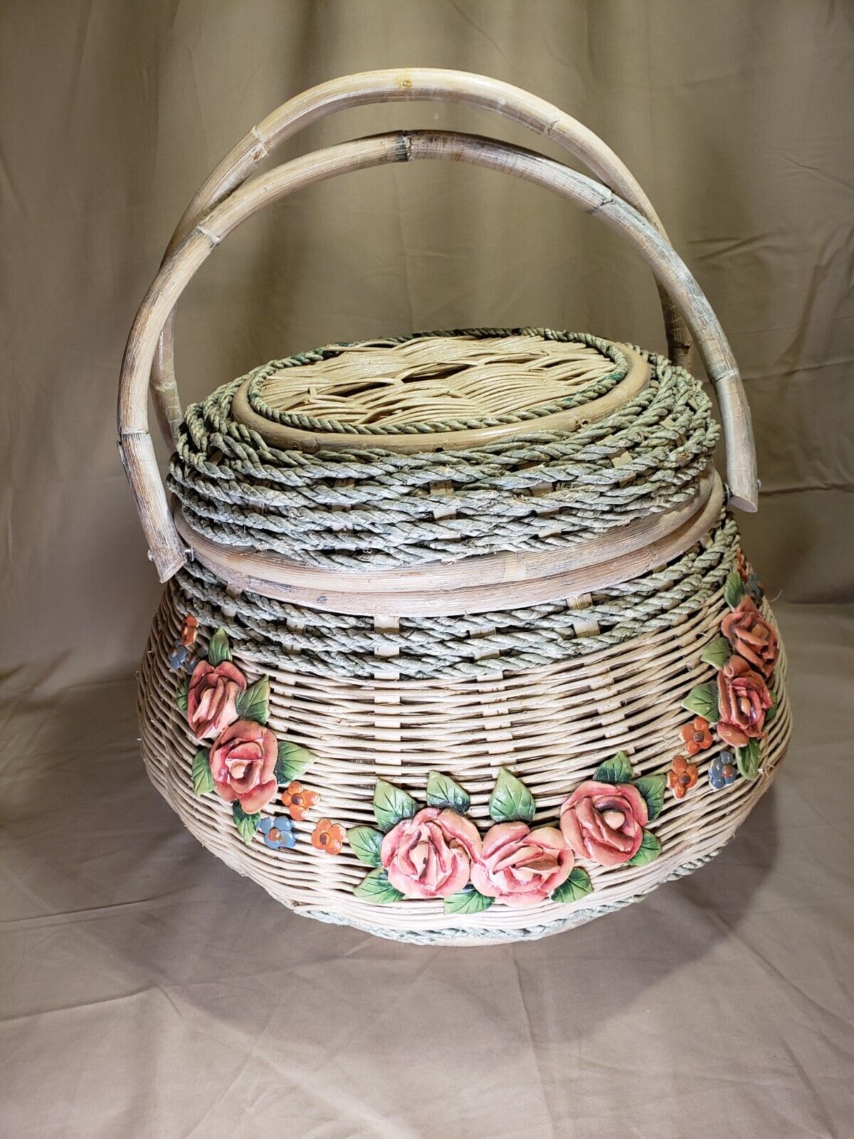 Vintage Wicker Picnic Basket w/ Applied Gesso Barbola Roses & Accessories