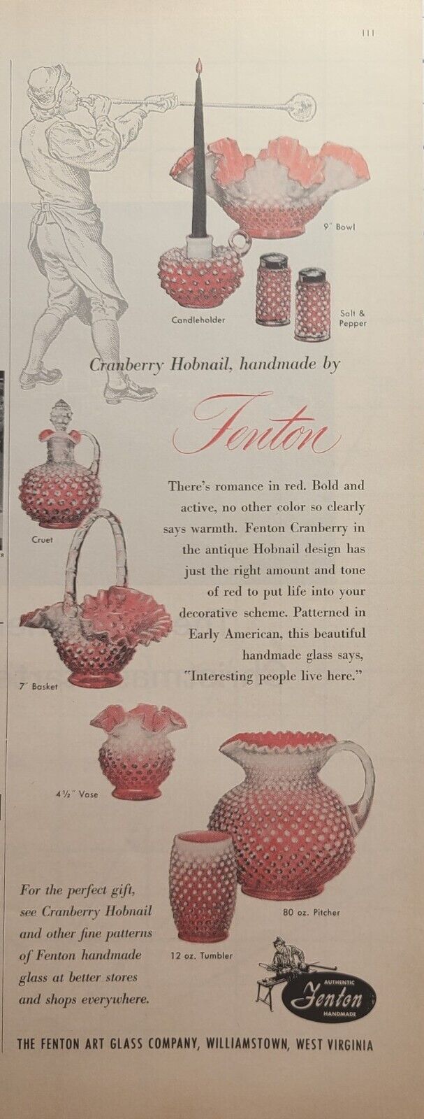 Fenton Cranberry Hobnail Williamstown WV Bowl Cruet Vase Vintage Print Ad 1962