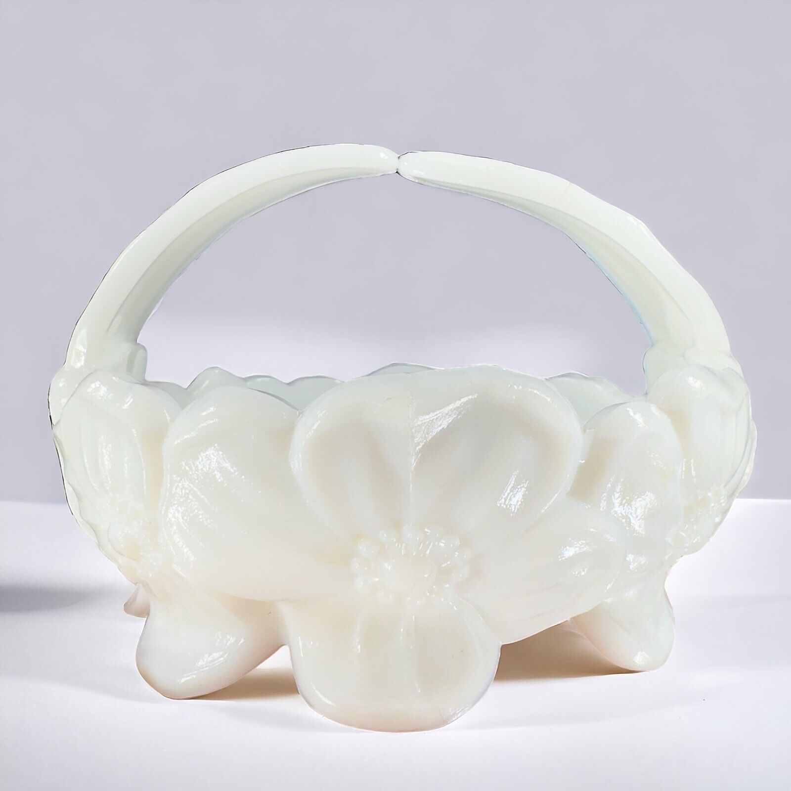 Westmoreland Hand Made Milk Glass 3D Floral Motif Split Handle Round Basket VTG