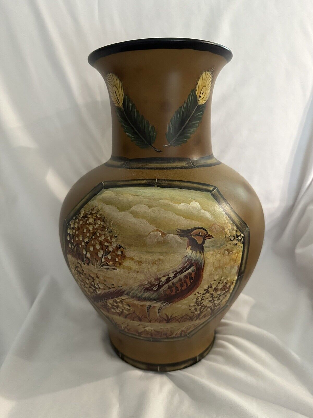 Prima Bella Casa by Ganz 15” Vase Hand Painted Pheasants Large Tan Hues