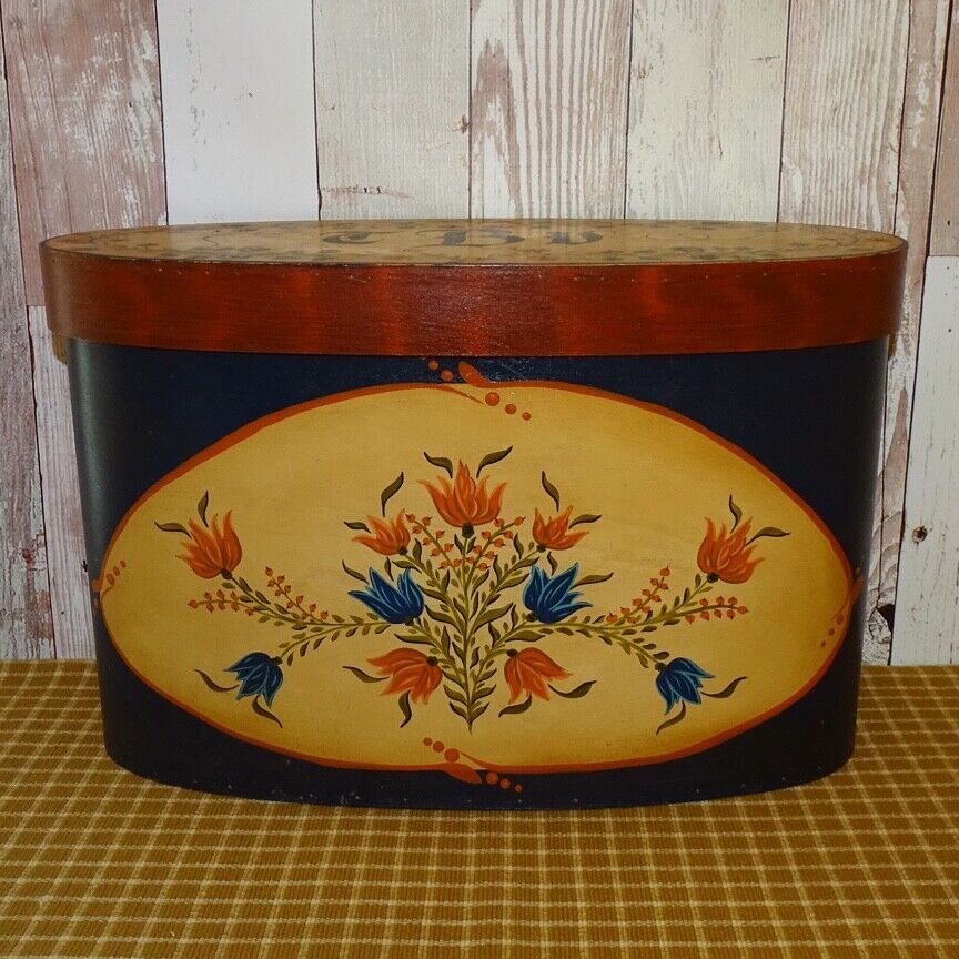 Large Vintage Norwegian Rosemaling Style Folk Art Hand Painted Oval Wood Box