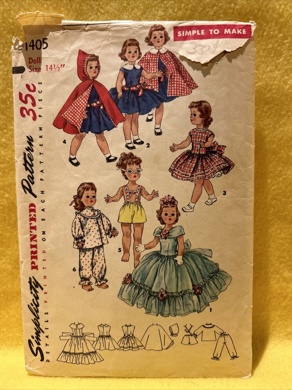 Vintage (1955) Simplicity Pattern 1405 For 14 1 /2  Inch Dolls like TONI WALKER