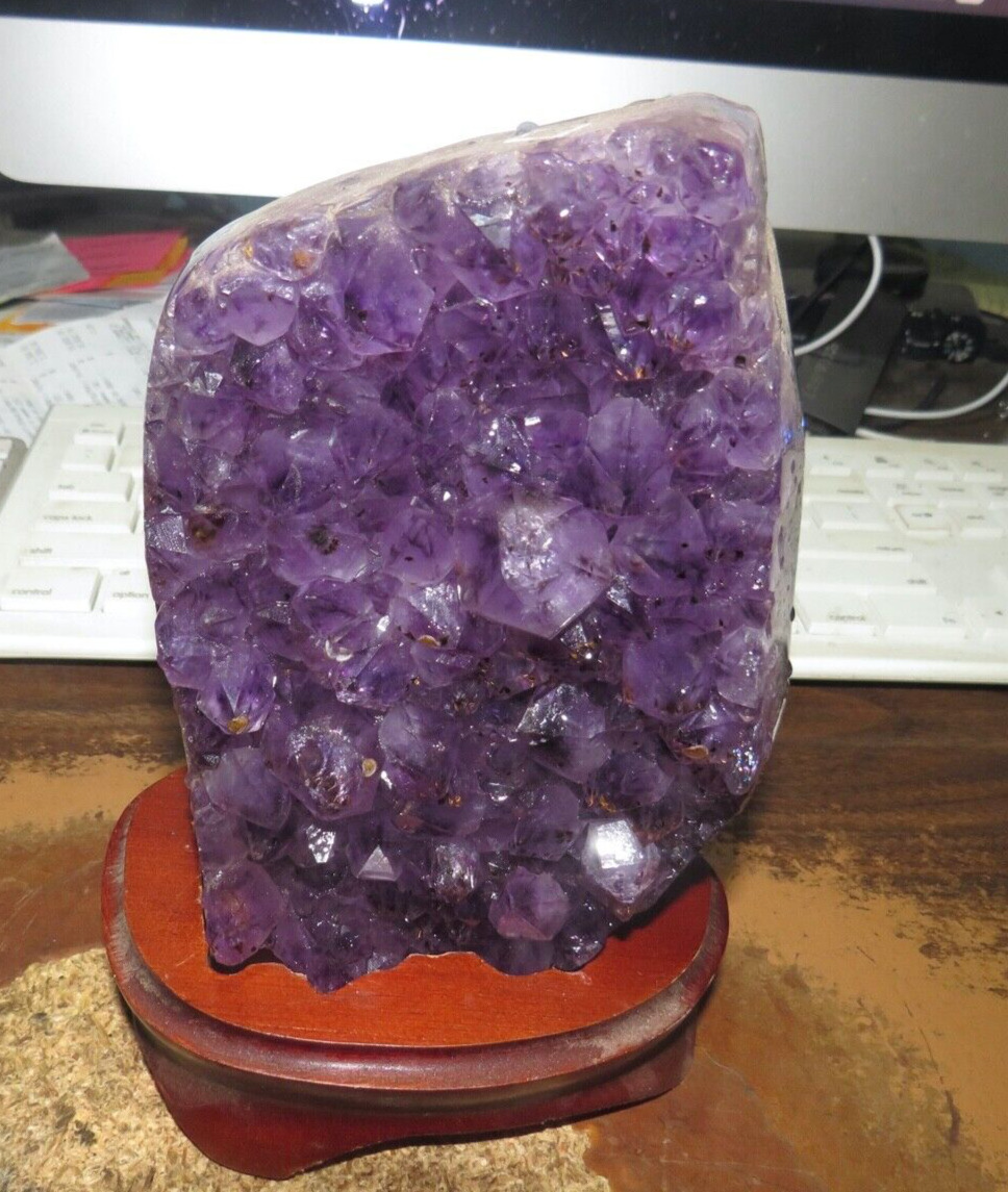 BRAZIL AMETHYST CRYSTAL  CLUSTER  CATHEDRAL W/  POLISHED RIM; WOOD STAND
