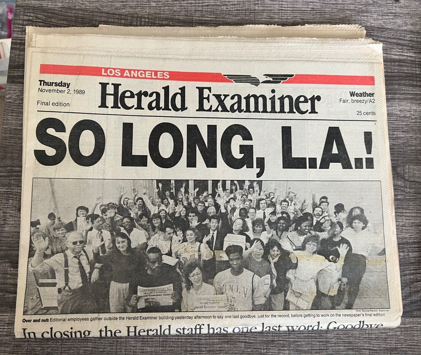 Los Angeles Herald Examiner.  SO LONG L.A.  The last ever copy, complete paper. 