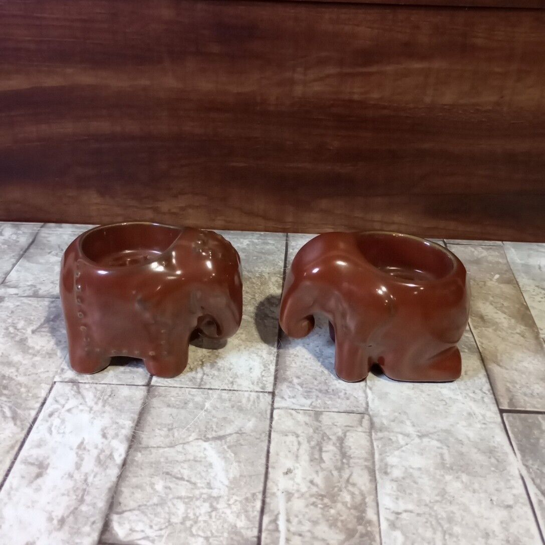 Set Of Two Partylite Elephant Ceramic Votive Candle Holders Brown Vintage