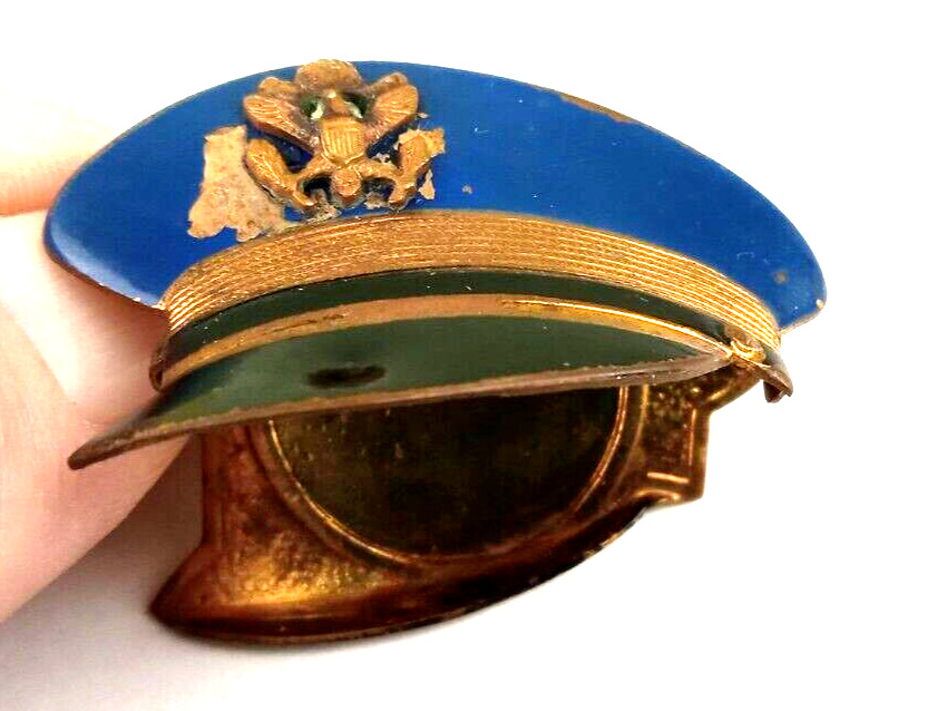 RARE WWII Figural Officers Hat Cap LOCKET Military Sweetheart Brooch Pin Blue