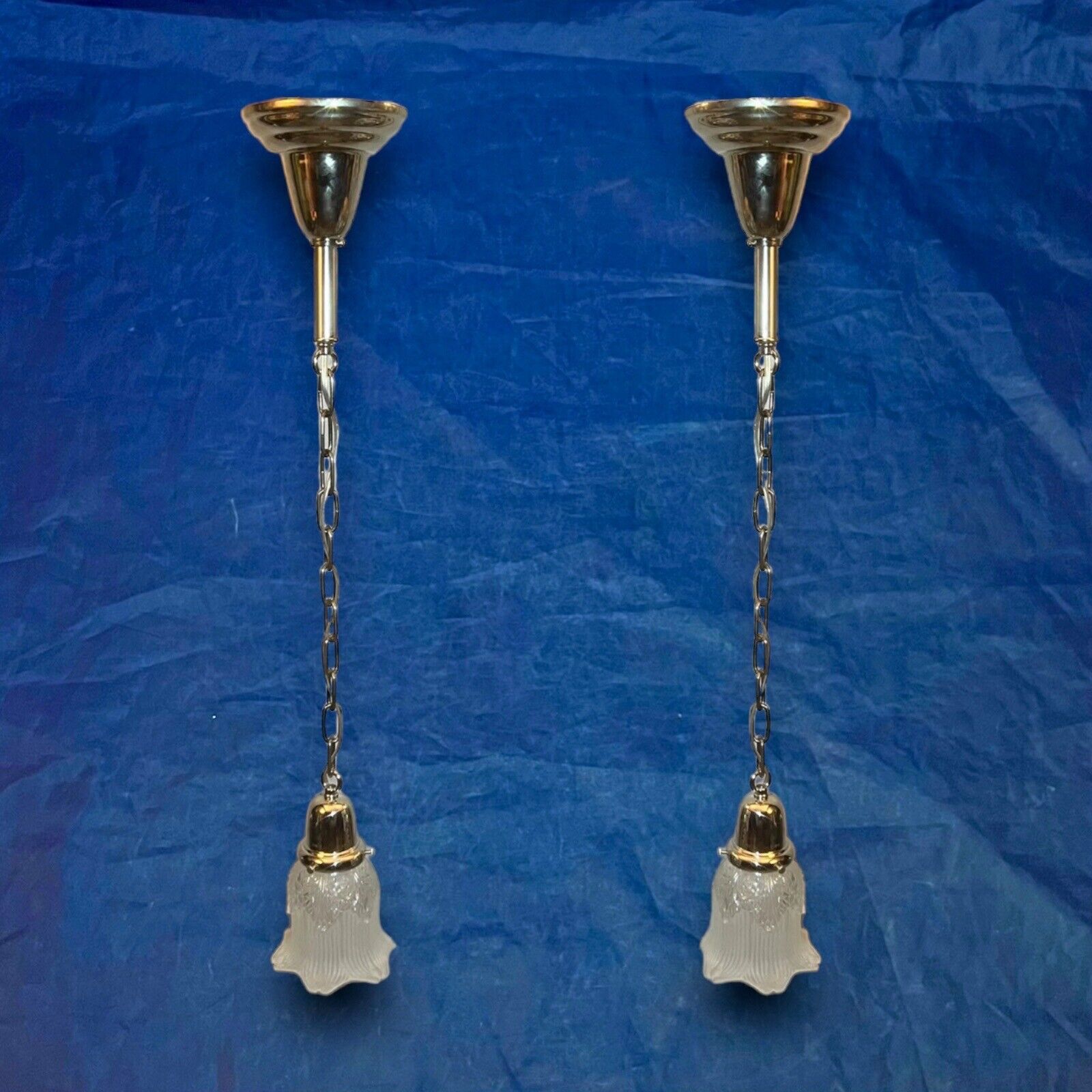 Pair of NOS nickel hanging pendant lights Rewired 12k