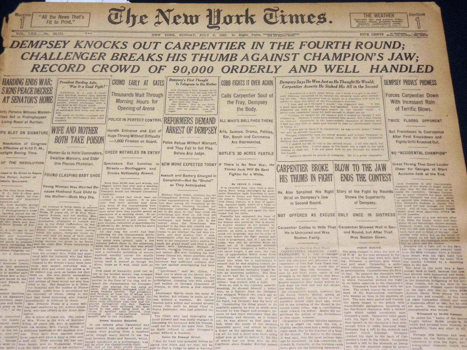 1921 JULY 3 NEW YORK TIMES - DEMPSEY KNOCKS OUT CARPENTIER IN 4TH ROUND- NT 8694
