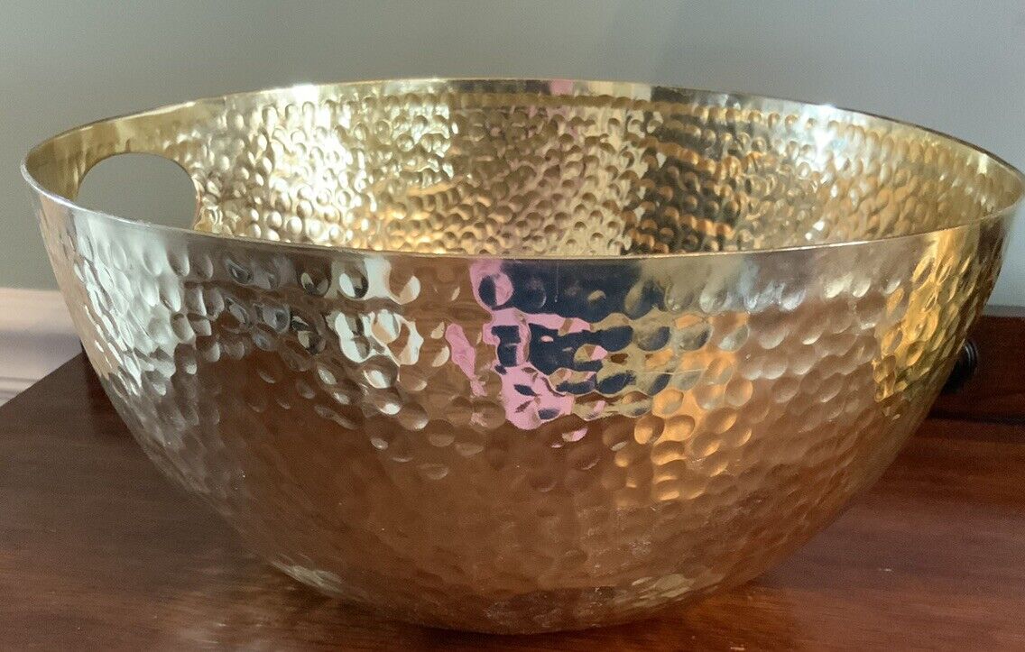 Gold HAMMERED BRASS  Hollywood Regency 12” BOWL WITH HANDLES Made In India
