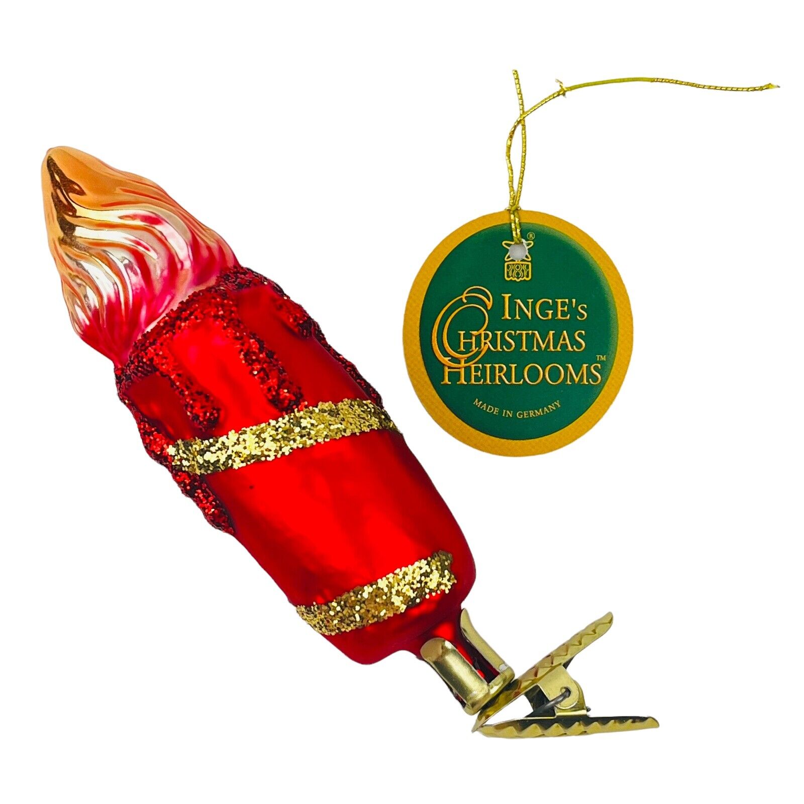 Vintage Inge Hand Blown Glass Christmas Ornament Red Candle 4.5 Inch Clip On