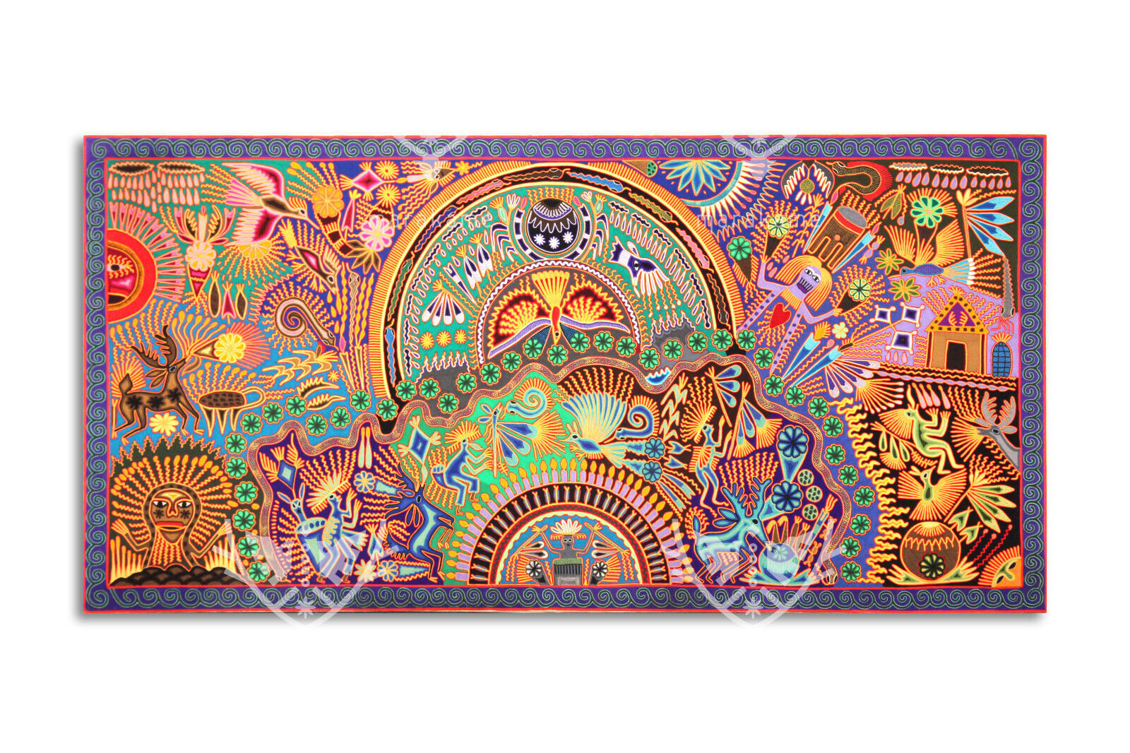 Nierika Yarn painting Huichol art -  Marakame - 96 x 48 in. Mexican folk art