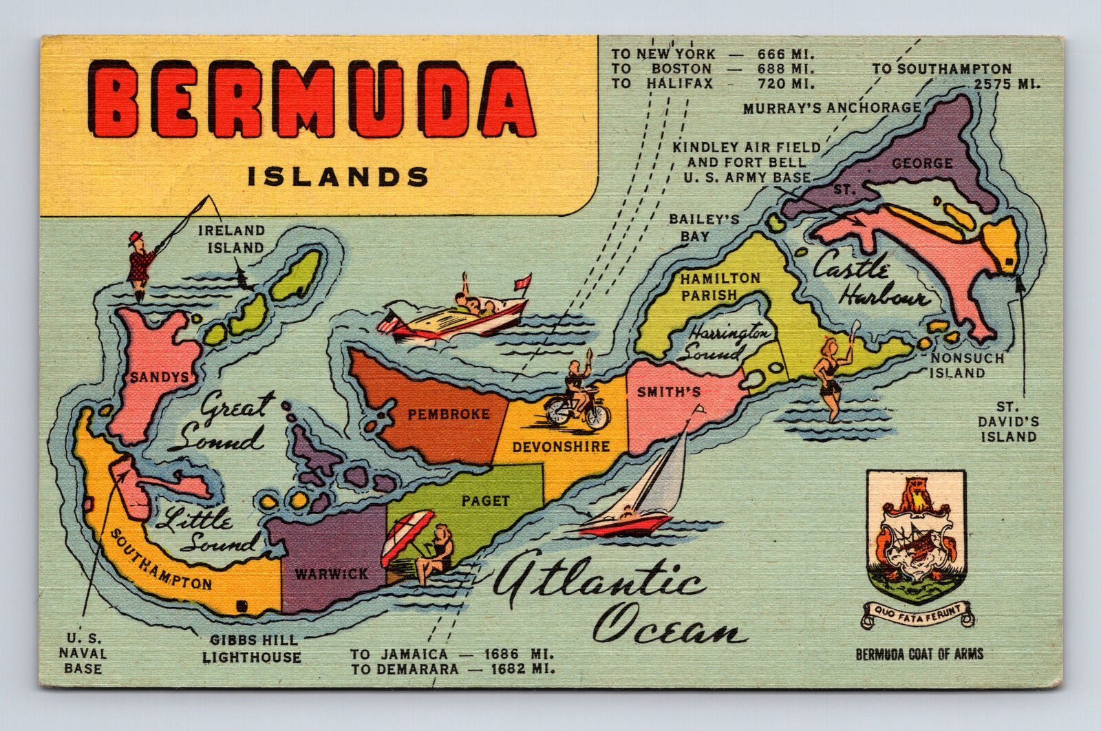 c1957 Bermuda Islands Pictorial Tourist Map Bermuda Postcard