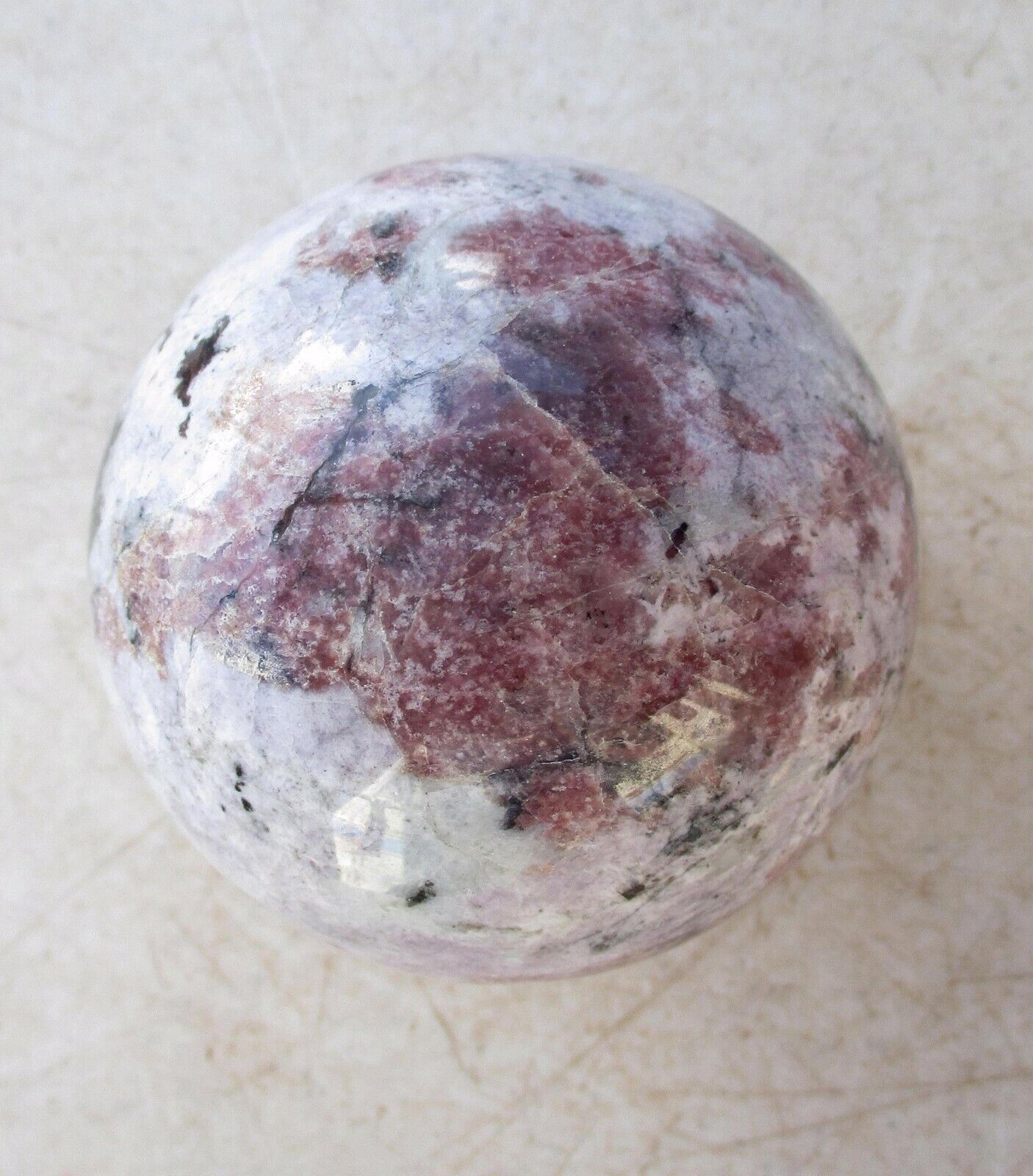 Pink Feldspar w Lepidolite & Schorl Tourmaline 73mm Sphere  4132