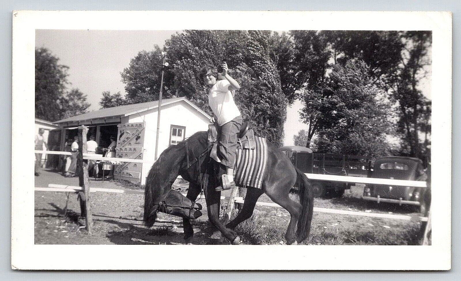 Original Vintage Antique Photo Lady Riding Horse Cars B&W Kearney Nebraska 1949