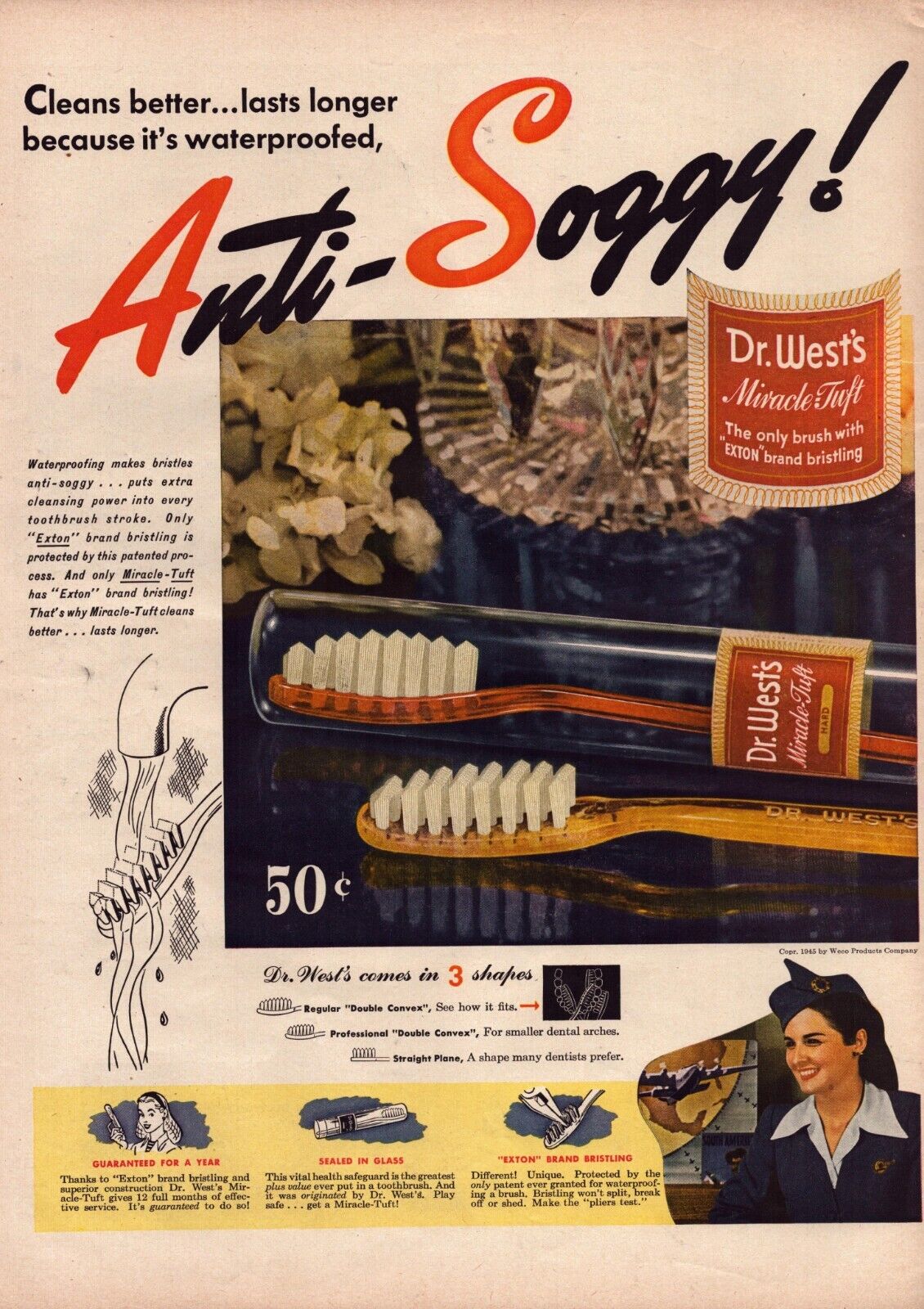 1945 Dr West\'s Toothbrushes Print Ad WWII Anti Soggy US Armed Forces Woman