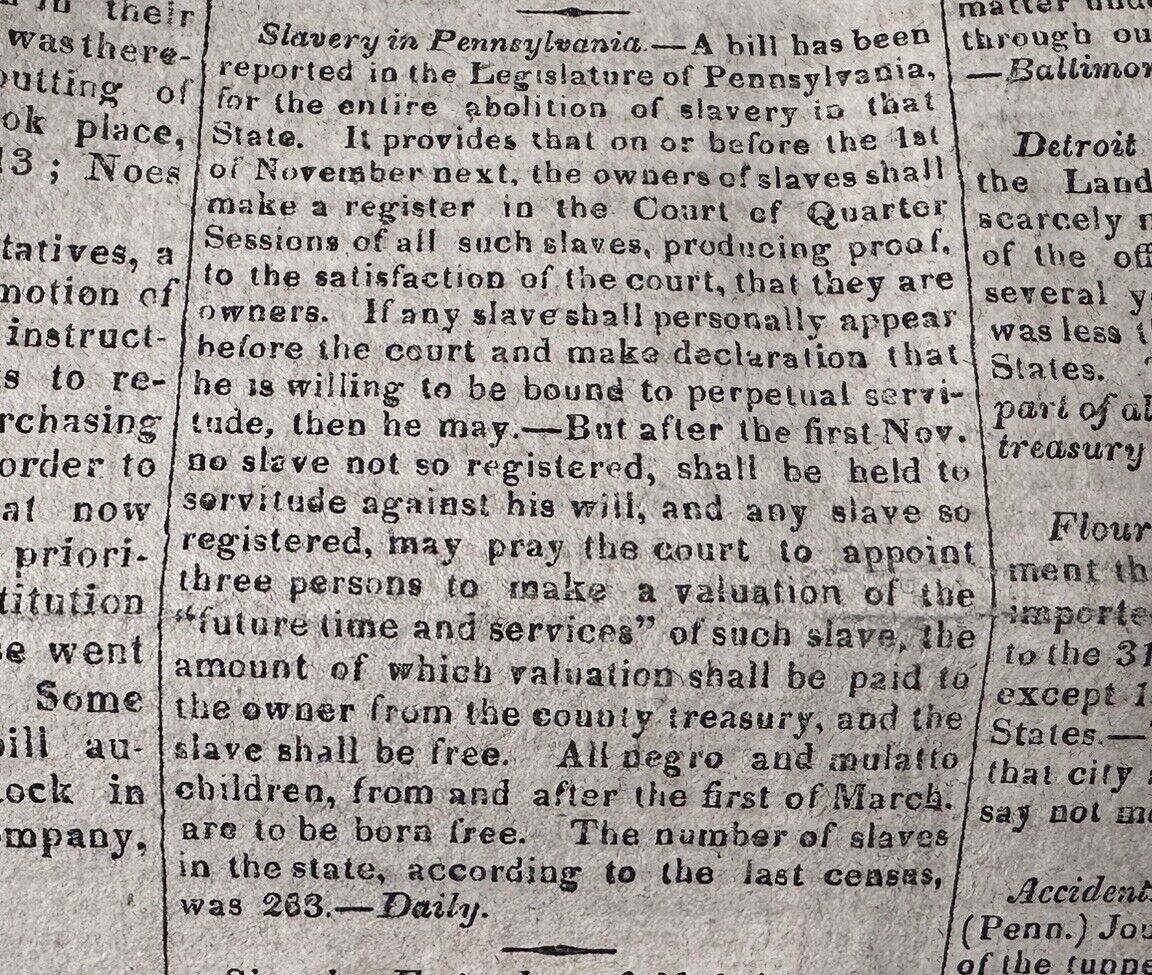 1826 Pennsylvania Abolition Of Slavery Bill, Last Of The Mohicans Ad Newspaper