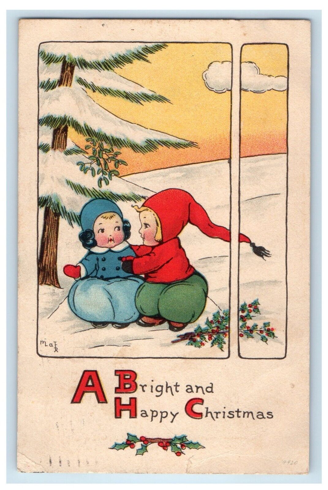 1915 Christmas Two Girls Pine Tree Covered Snow Winter Holly Berries Postcard