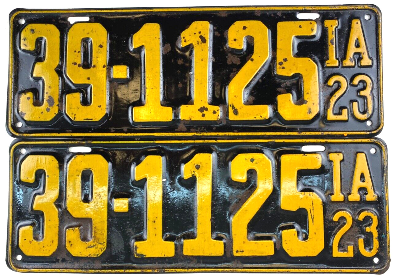 Vintage Iowa 1923 Old License Plate Set County 39 Man Cave Wall Decor Collector